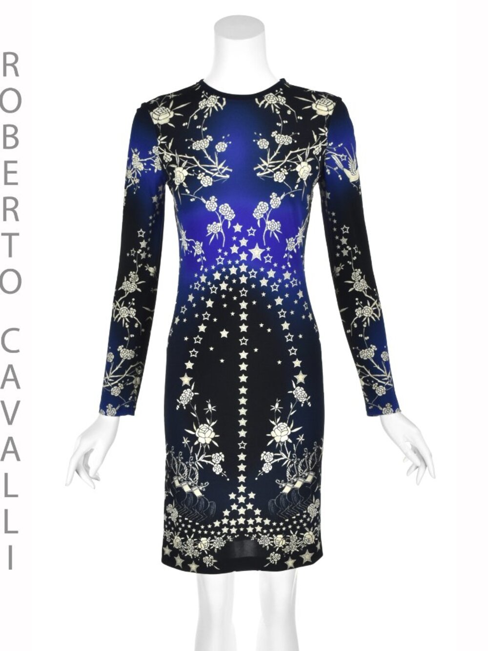 ROBERTO CAVALLI Black & Blue Knit Sheath Dress w/Stars & Flowers, SZ 6 S/M